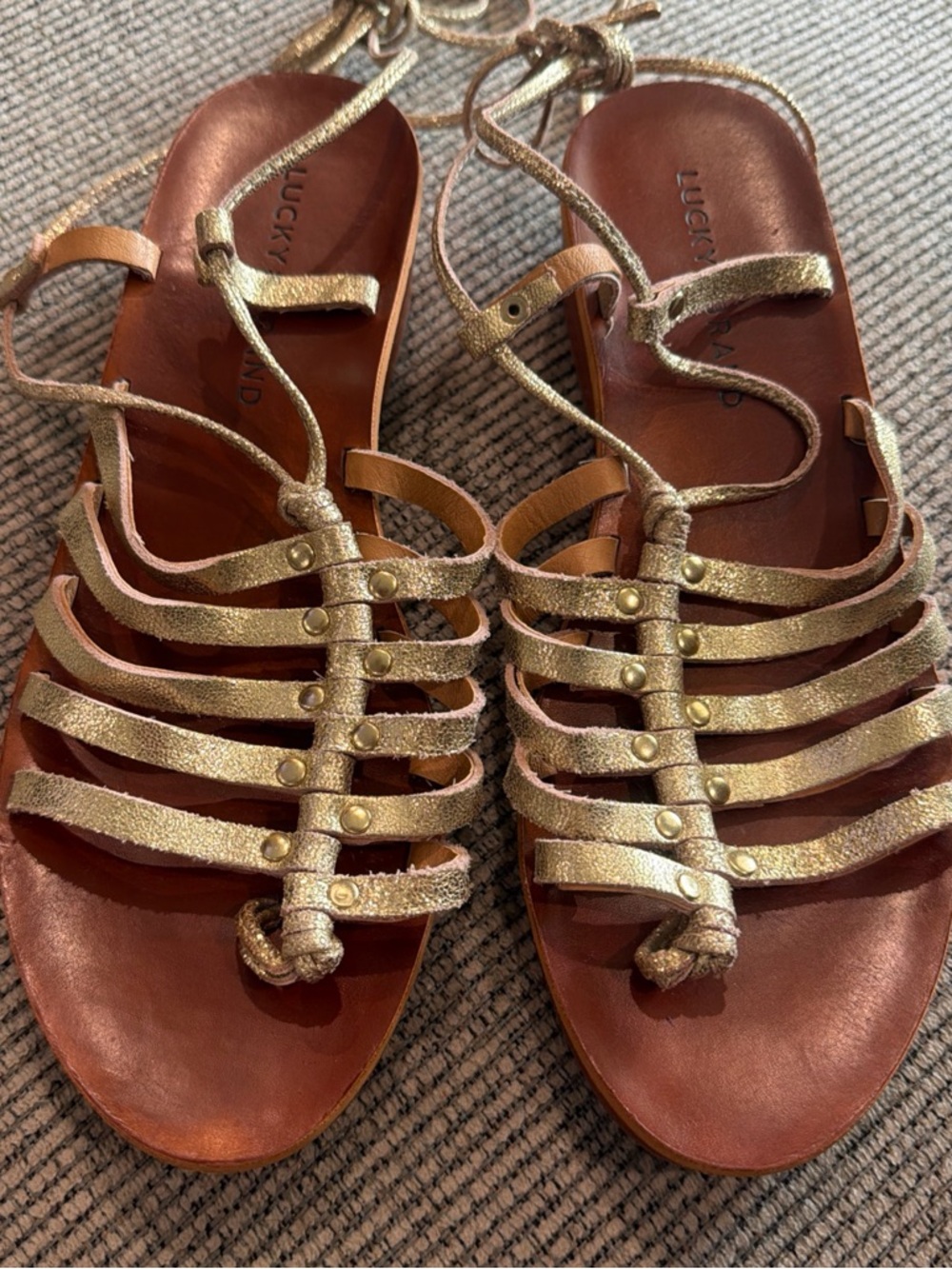 Lucky Brand Metallic Gold Leather Strappy Gladiator Sandals Size 8.5 38.5